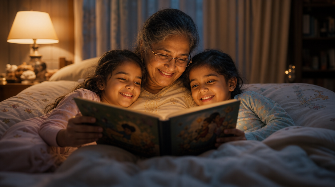 A grandmother sharing a magical story with her grandchild