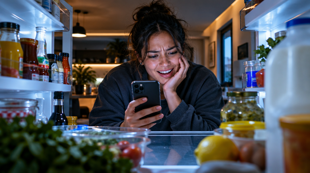Someone checking the contents of their fridge with a phone