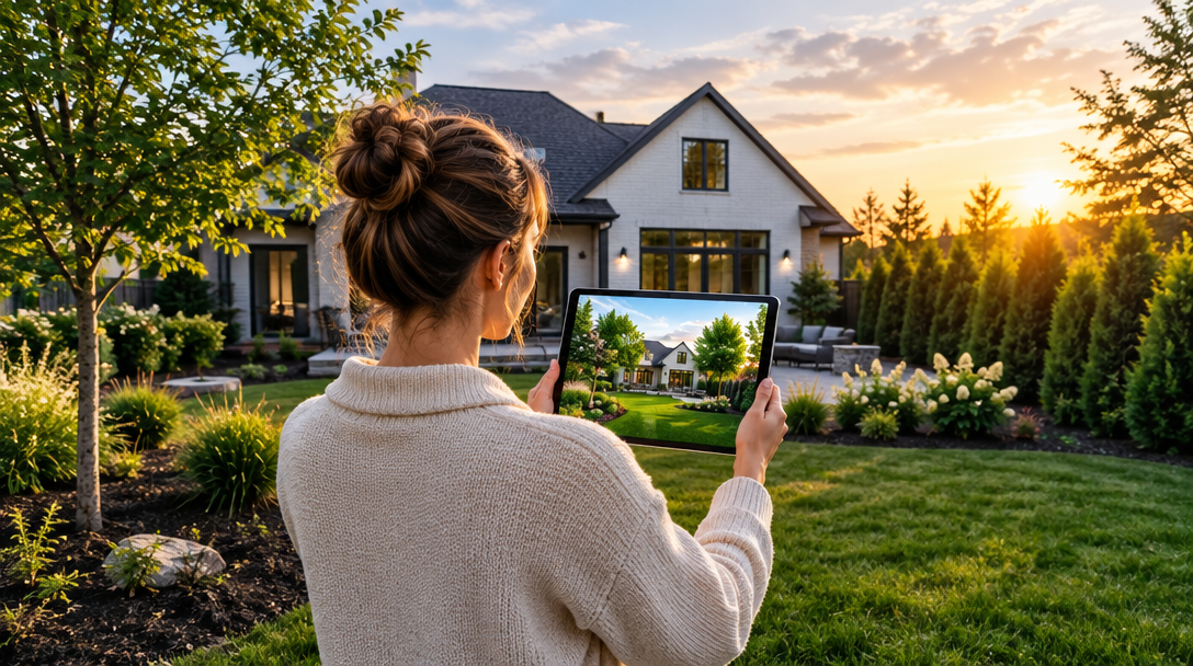 A GreenFrame landscape visualization around a home