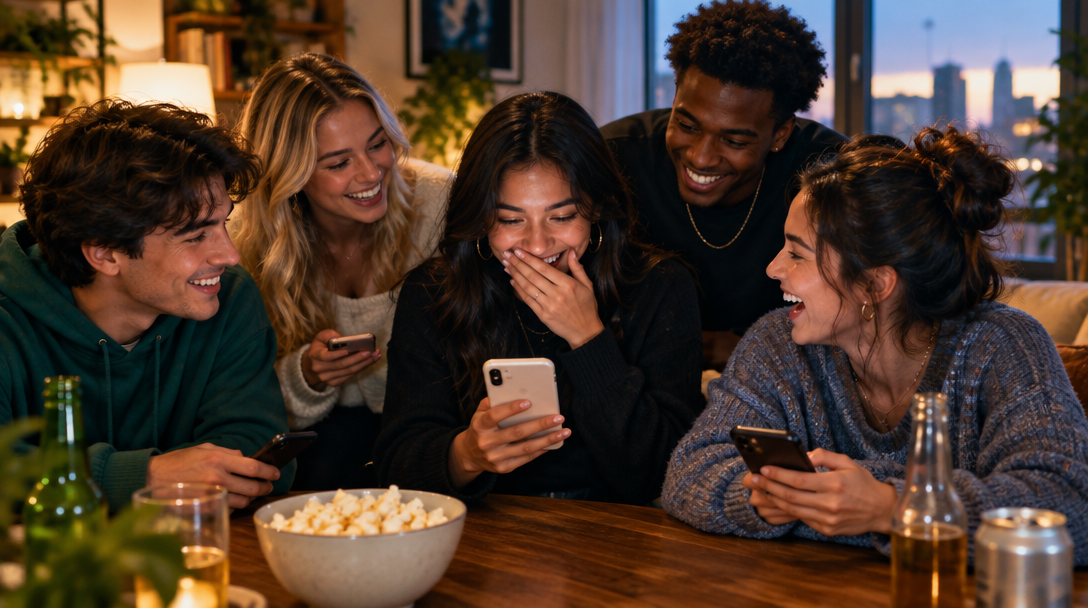 Friends sharing a laugh around their phones