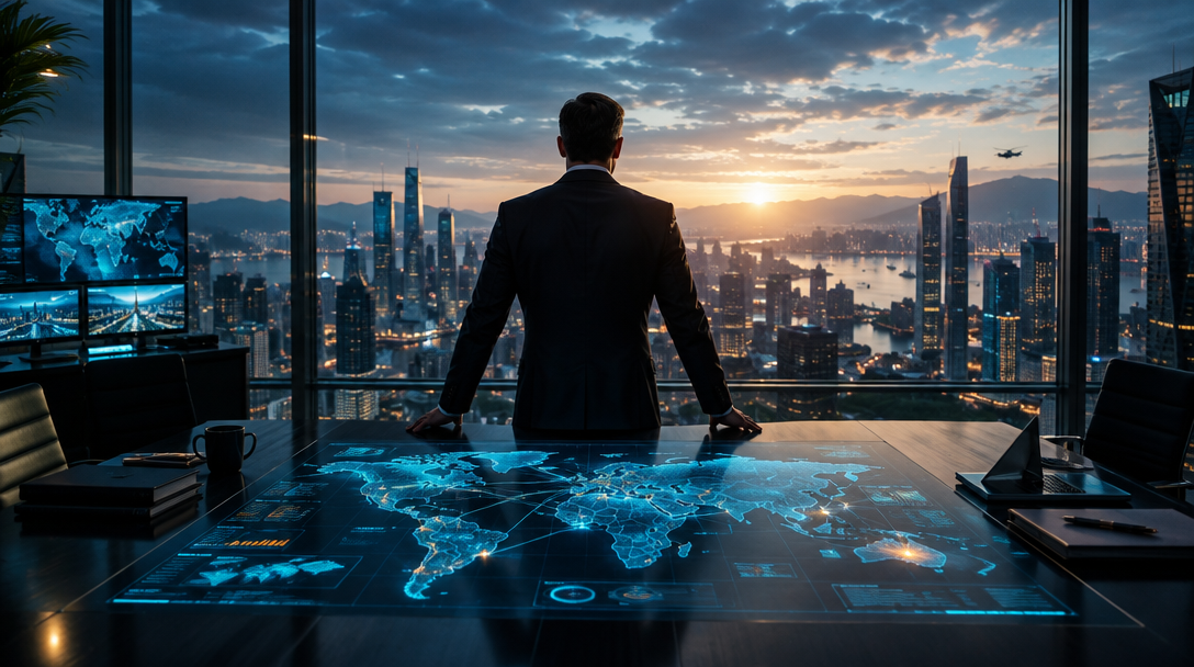 Concept art of an executive looking over a city and a fictional world map interface