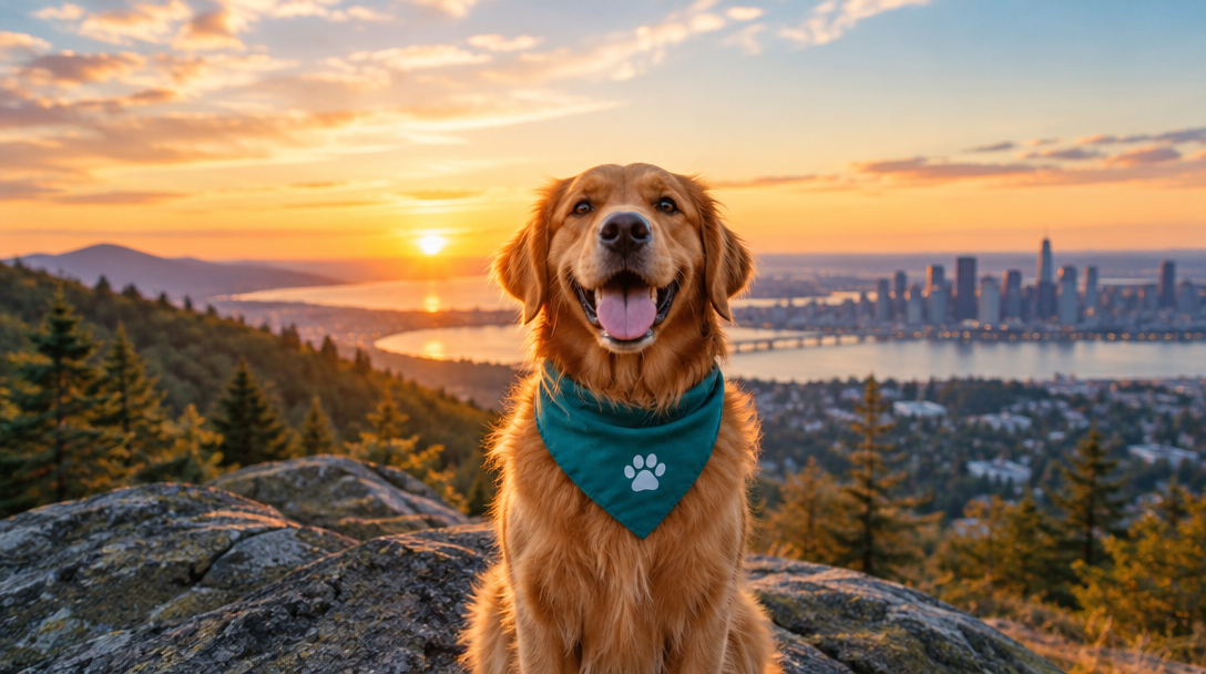 A golden retriever looking toward the next adventure at sunset