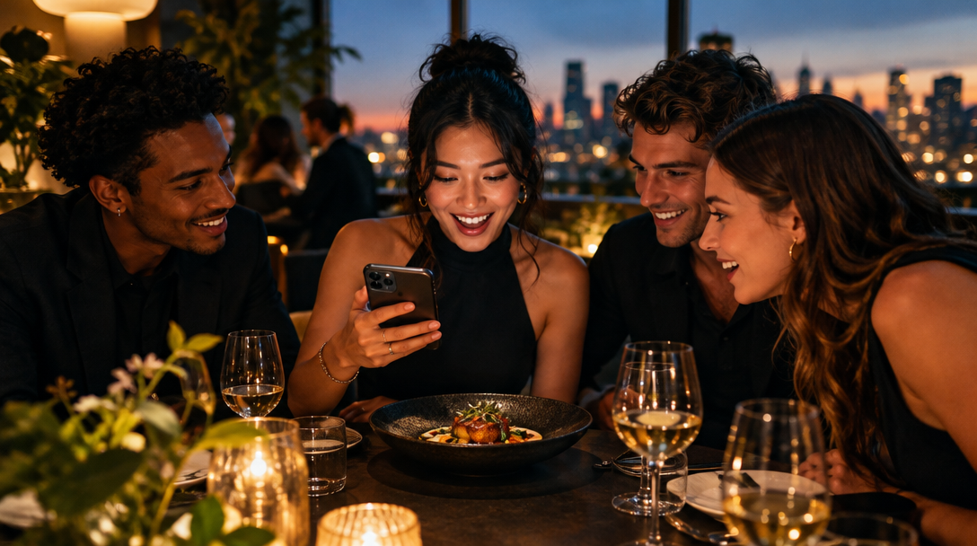 Friends sharing a meal together as the city lights come on