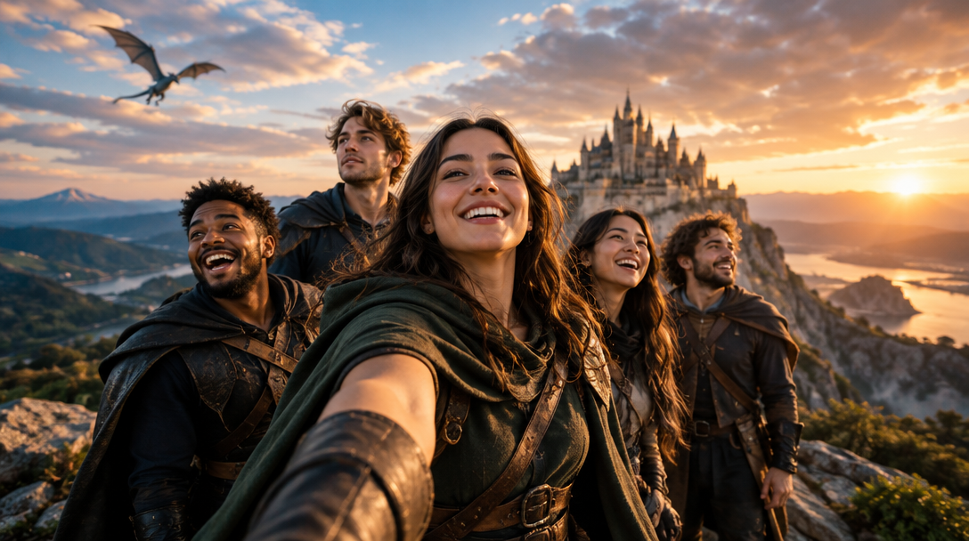 A fictional adventure movie scene with a group of friends, a dragon, and a castle at sunset
