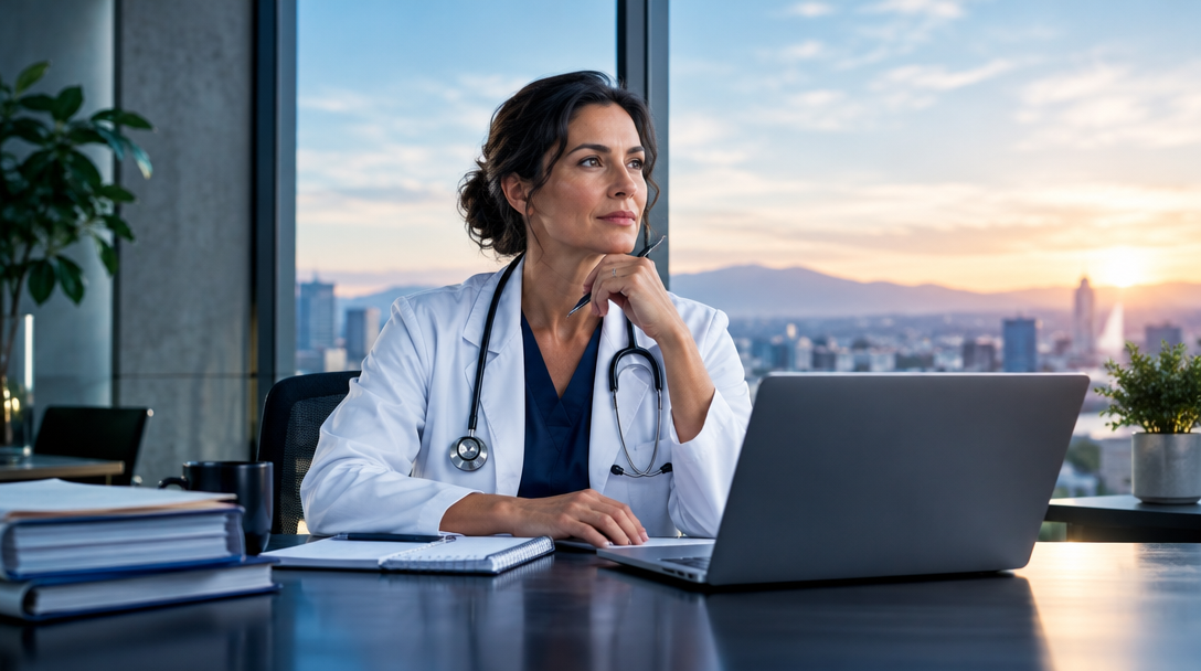 Healthcare professional reviewing information in a modern office
