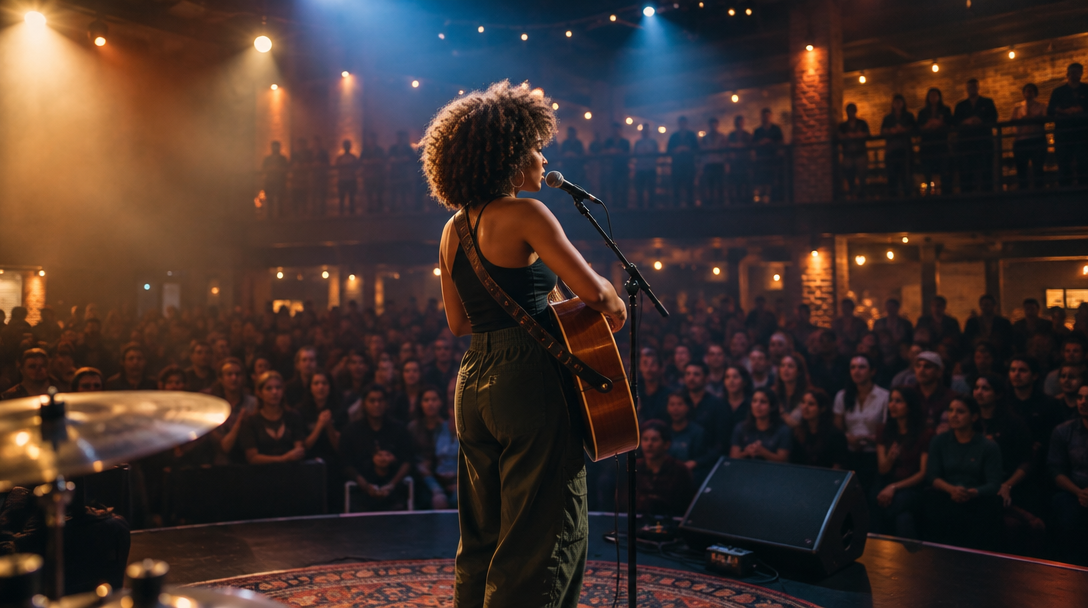 A musician performing live for a venue audience