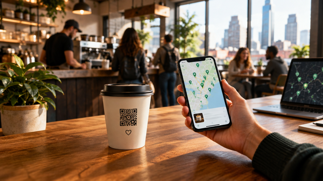 A warm neighborhood café, with a coffee cup and a phone showing a gifted-drink chain map