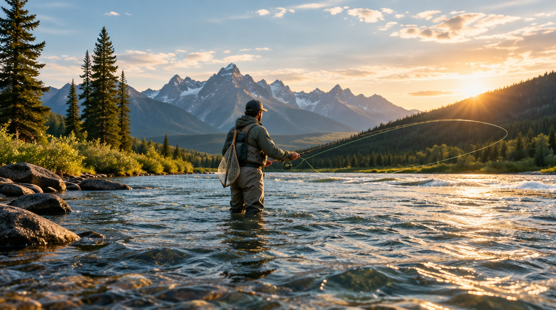 A fly fisher standing in a mountain river at sunset