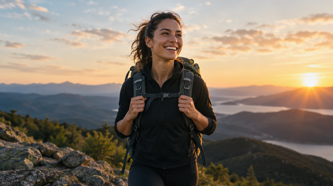 A hiker moving toward the summit at sunrise