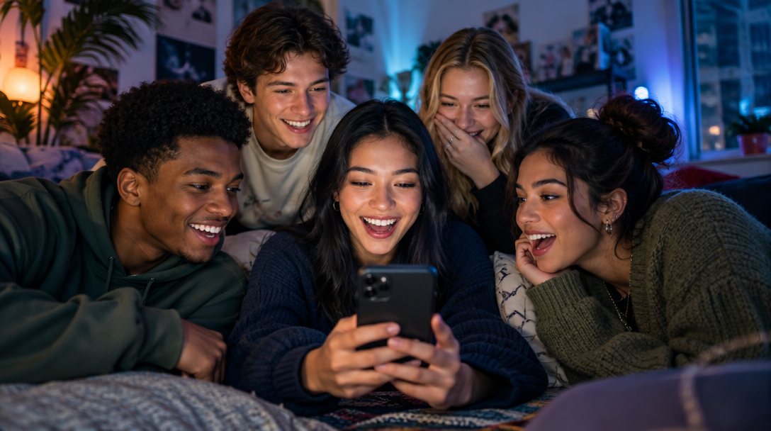 Friends laughing together over a shared phone