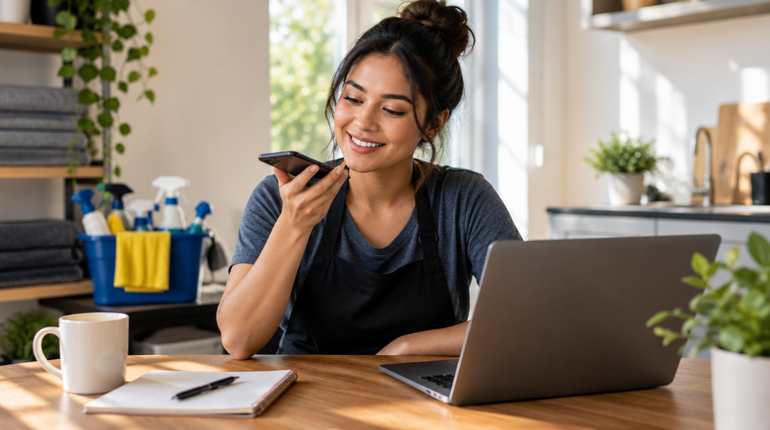 Independent cleaner recording a voice note beside her laptop
