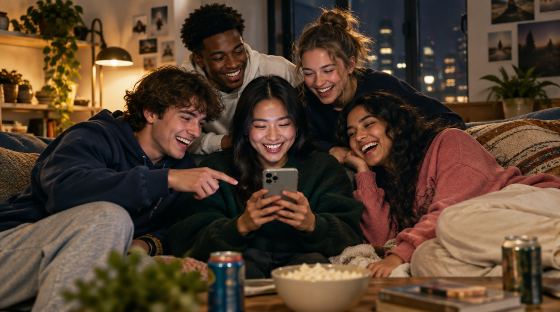 Friends sharing a laugh over a group chat