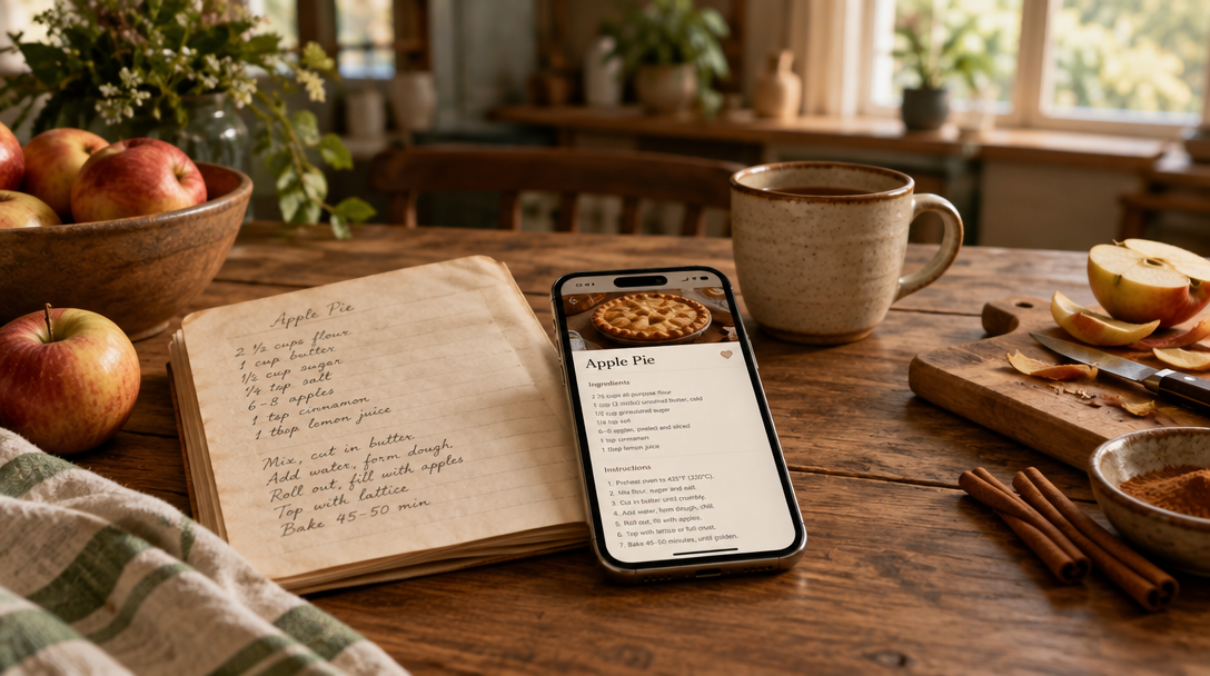 Handwritten apple pie recipe beside its digital recipe card in a warm kitchen