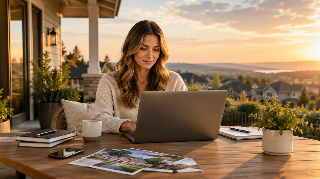 A real-estate agent reviewing property materials at home at sunset