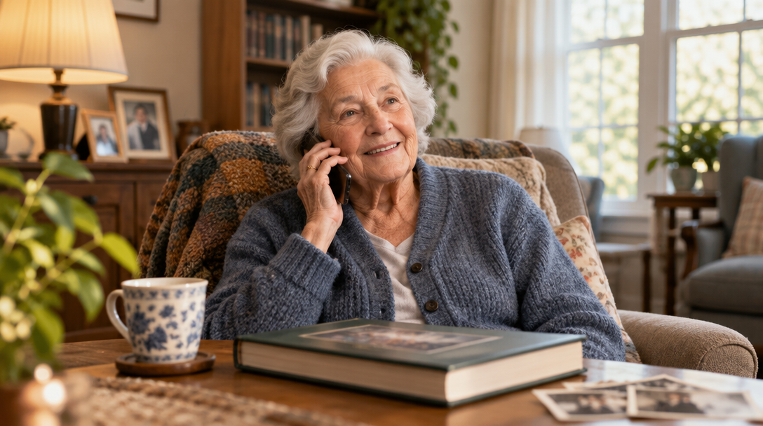 An older woman smiling during a phone conversation