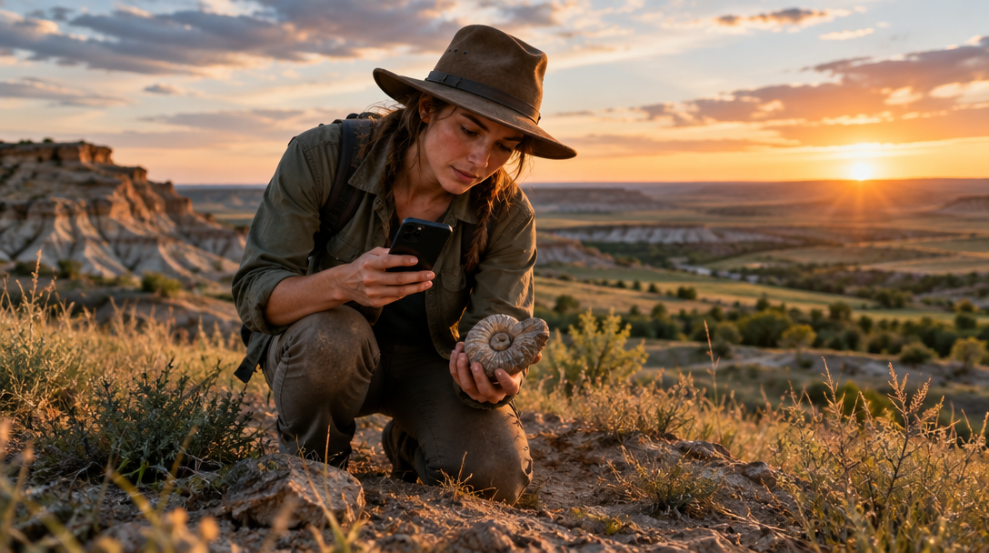 Field explorer photographing a fossil at sunset