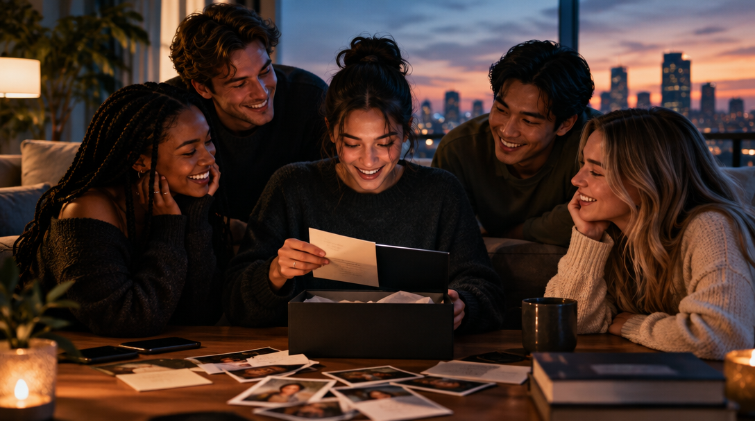 Friends gathered around a table, sharing a handwritten note and memories