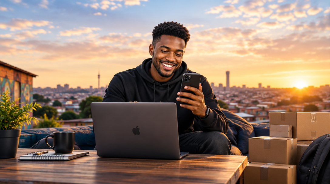 An entrepreneur working from a rooftop overlooking the city at sunset