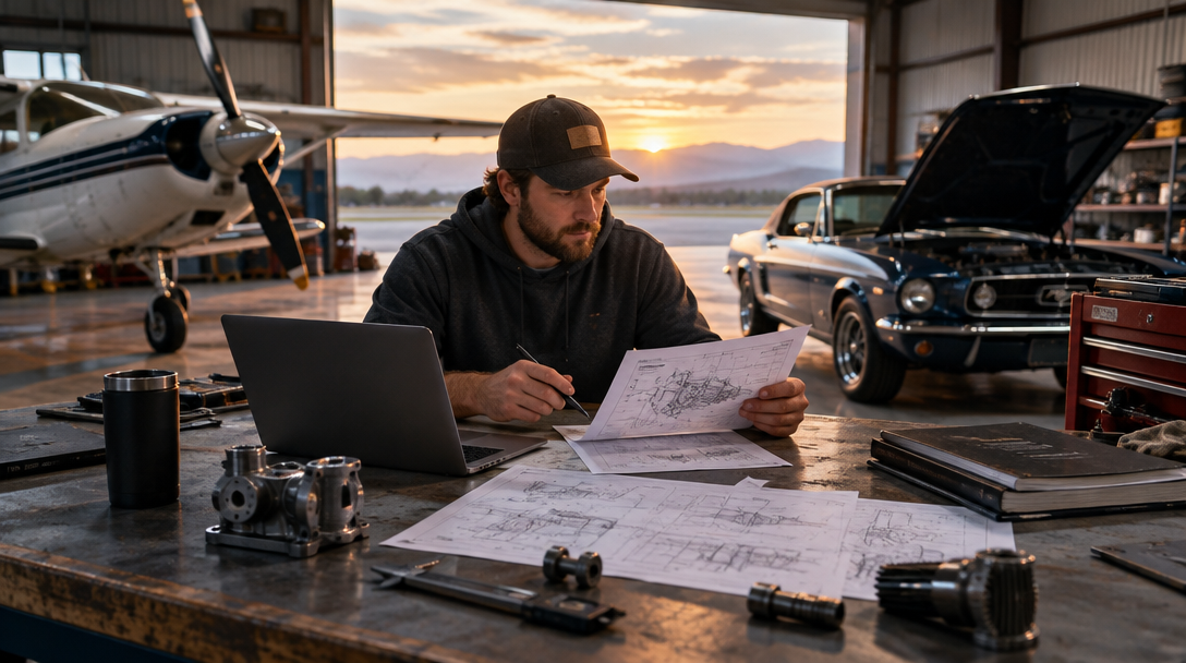 A builder reviewing part drawings in a workshop with an aircraft and car