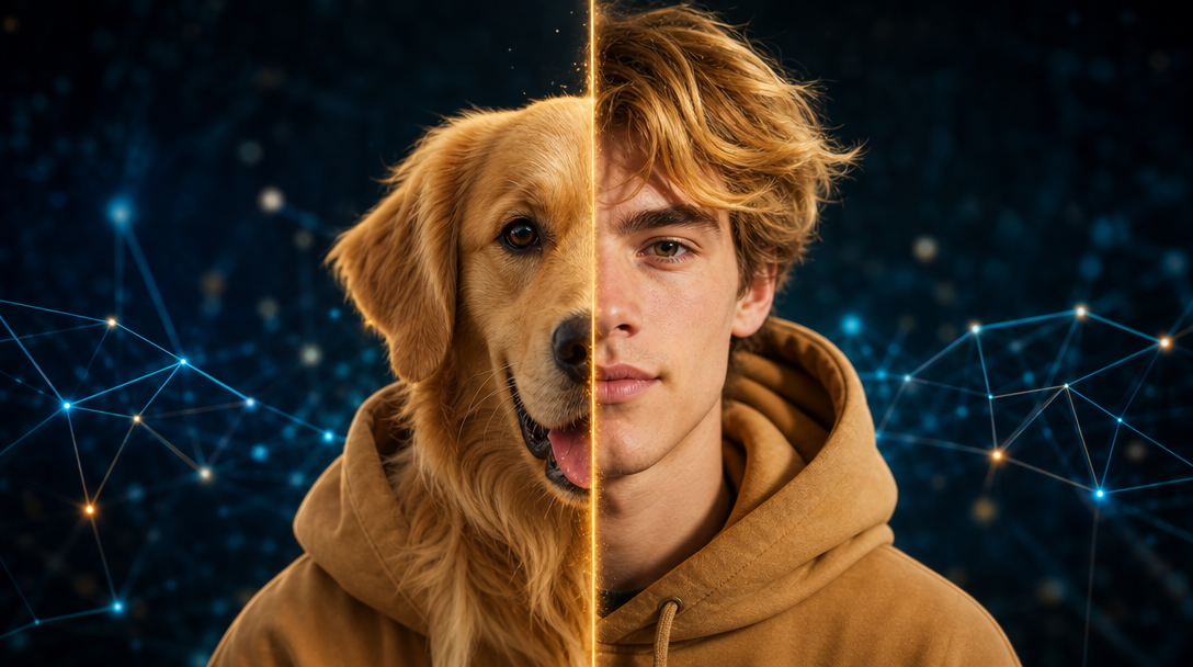 A pet and its Pawsona human portrait
