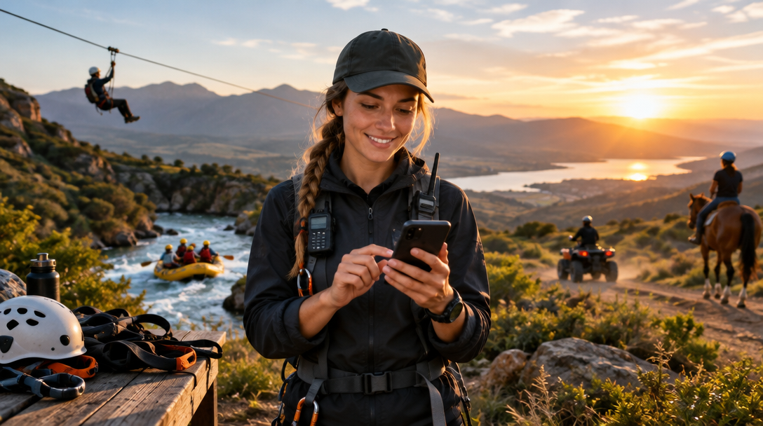 Adventure operator checks a phone as outdoor activities get underway.
