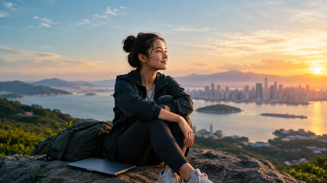 A young professional looking toward the horizon at sunset